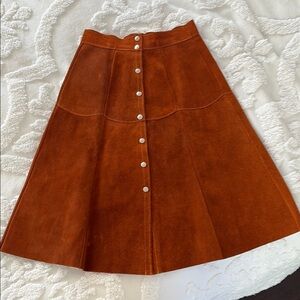 Brown Cognac Suede Leather Midi A-Line Skirt for Casual Work in XSmall